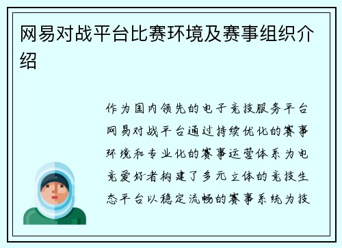 网易对战平台比赛环境及赛事组织介绍